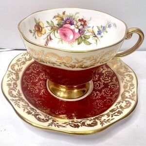 Vtg EB 1850 Foley Bone China Tea Cup Saucer Red & Gold Floral Design Numbered